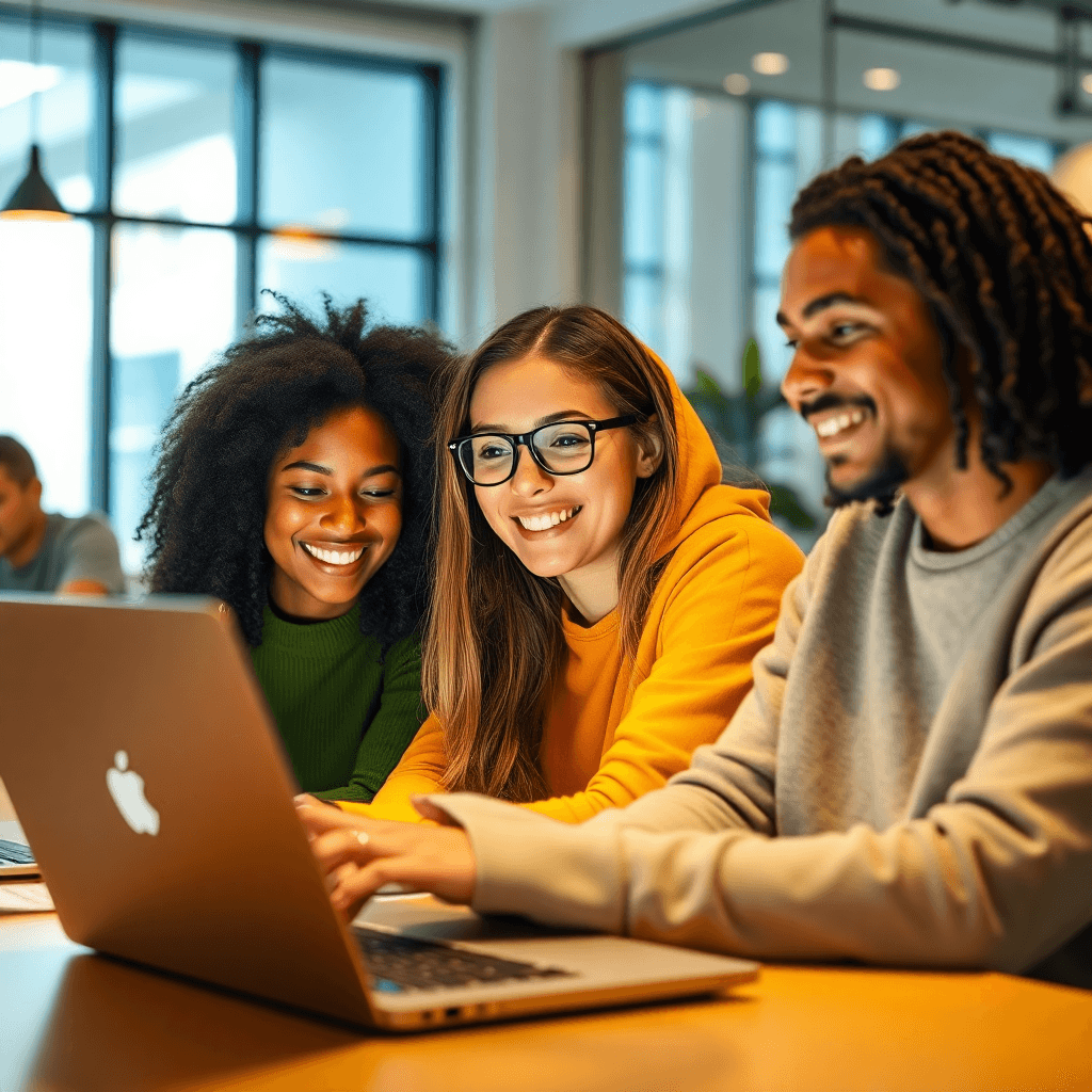 Modern diverse students learning online on laptops