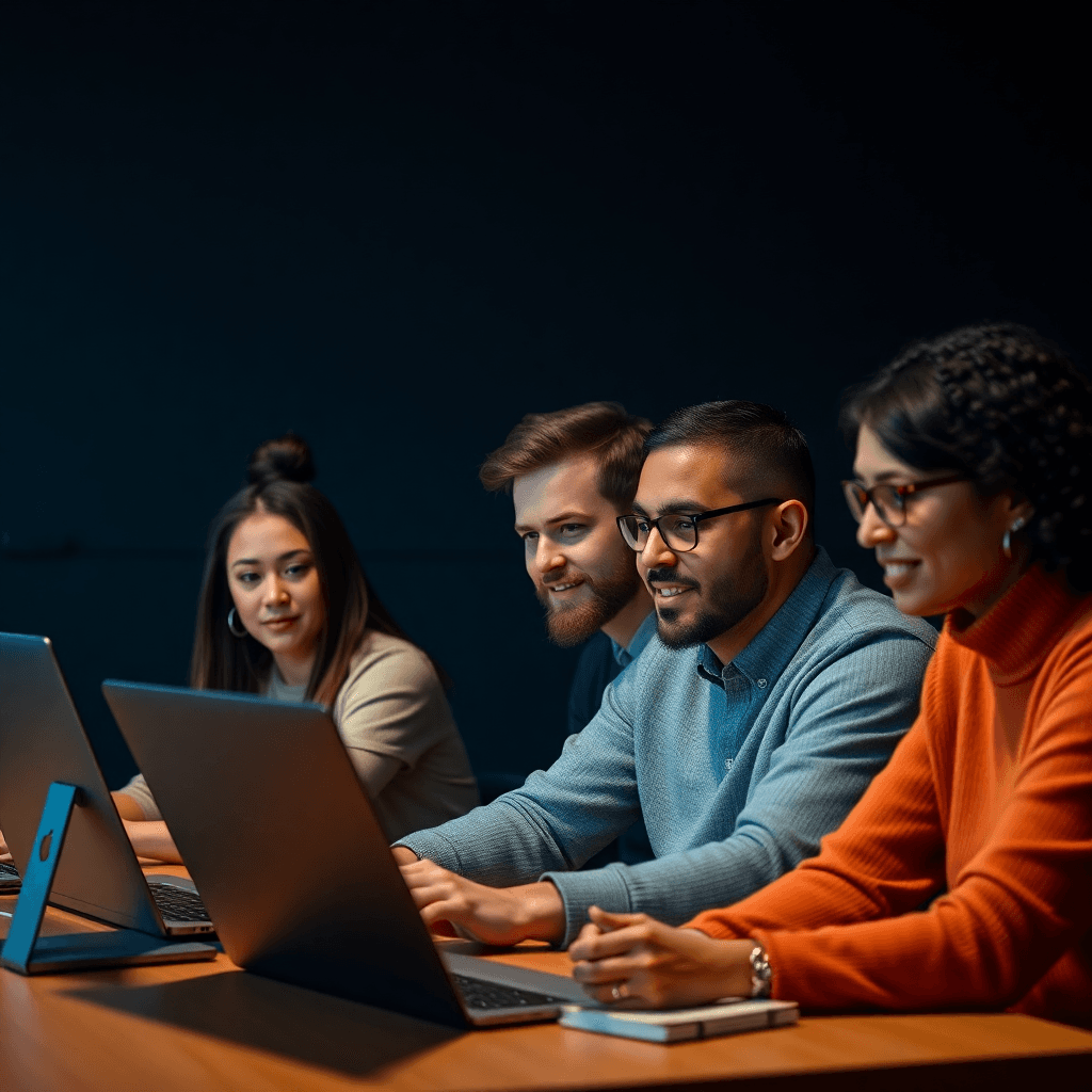 Diverse adult students studying online