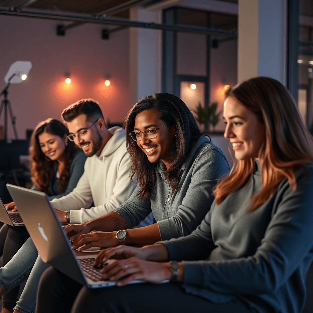 diverse group of modern adult students studying online with laptops, professional lighting, cinematic, high quality